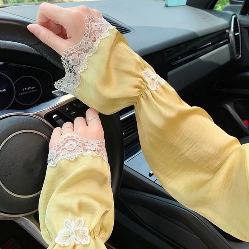 Maniche di protezione solare con fiocco in pizzo Donna Moda coreana Maniche larghe in seta di ghiaccio Estate Anti-UV Parasole Ciclismo Guida Manica lunga