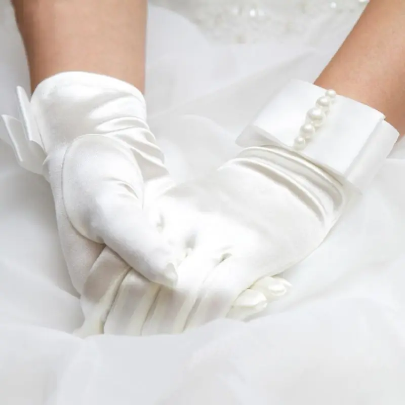 Elegant Pearl Decorated Short Finger Satin Wedding Gloves 326