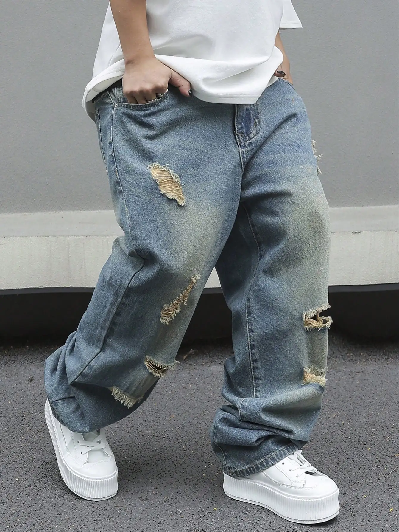 

Men's Loose Fit Distressed Ripped Denim Jeans - Baggy Wide Leg Casual Pants