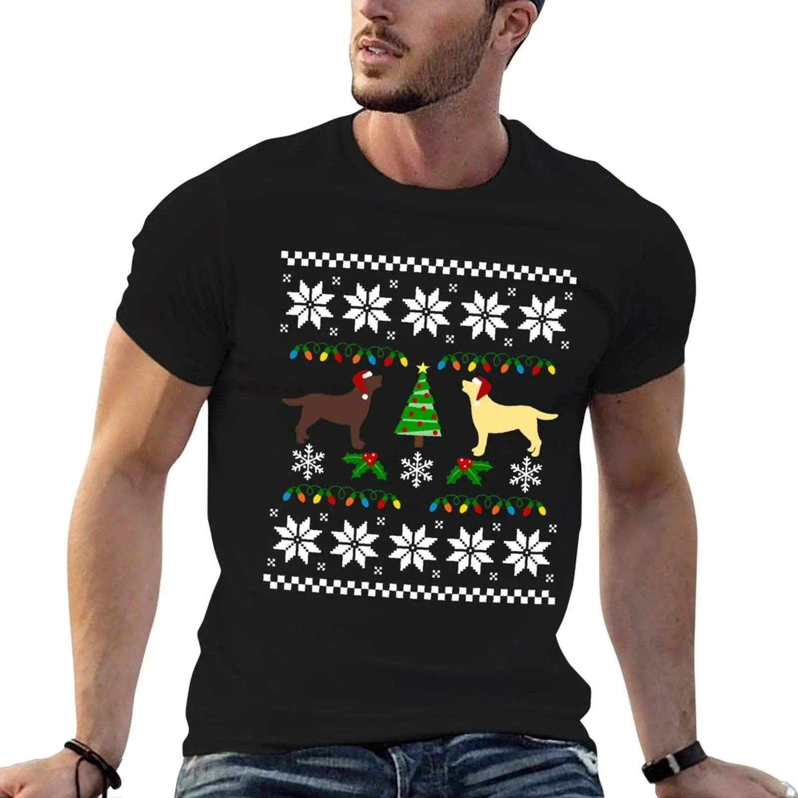 Yellow Labrador and Chocolate Labrador Happy Christmas Sweater Pattern T-Shirt t shirts for man graphic vintage T-Shirt