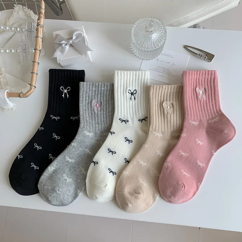 

5 Pairs Spring Autumn Soft Sweet Polka Dot Bow Ankle Socks Breathable Durable Casual Japanese Style Versatile Women Socks