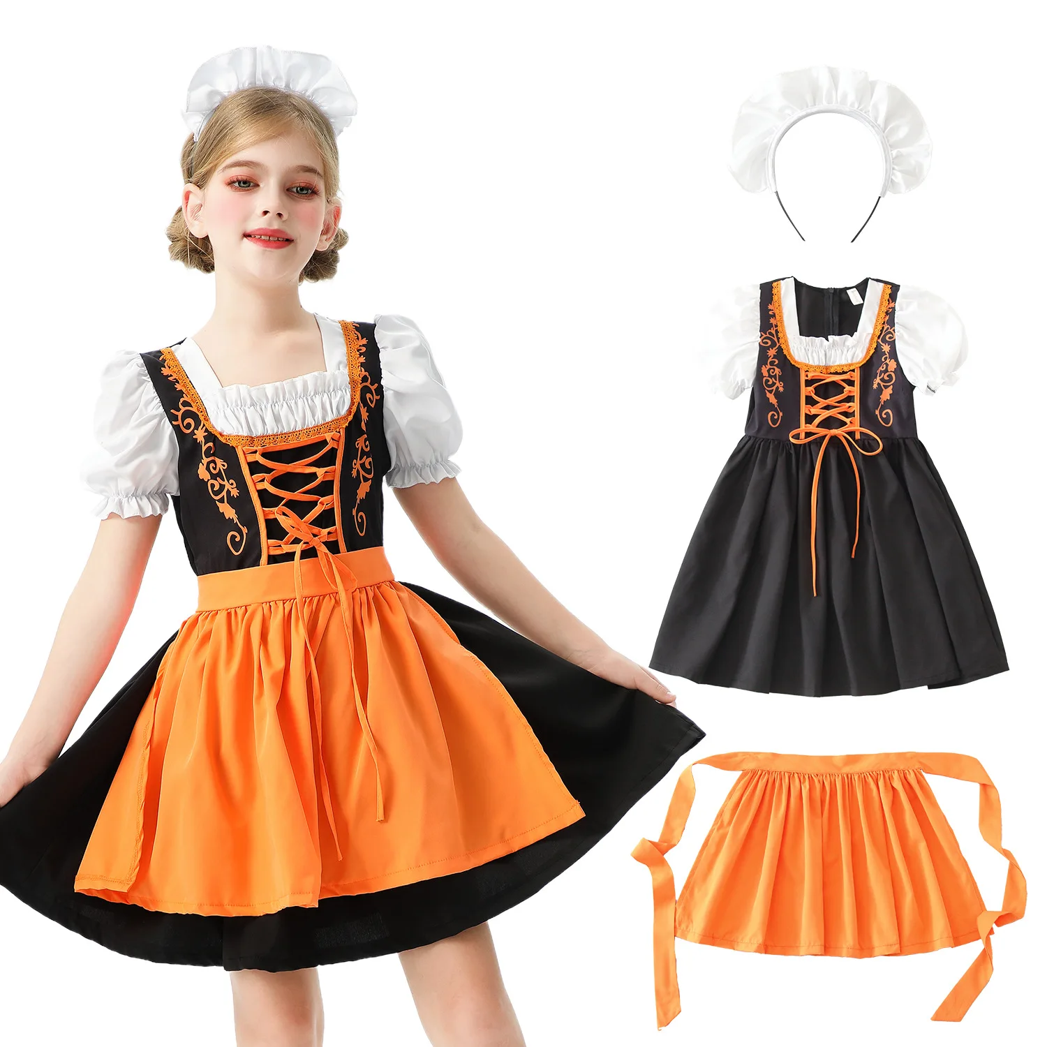 

German Oktoberfest Dirndl Maid Costume Child Girls Apron Dress Short Sleeve Festival School Outfit Stage Performance