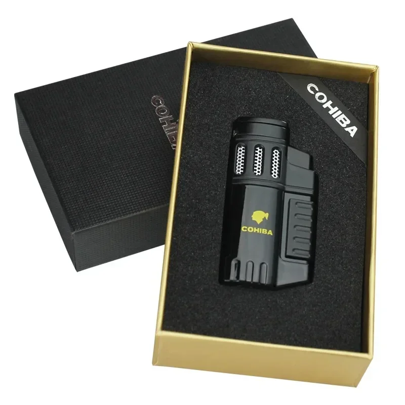 COHIBA Strong Blue Flame 4-Flame Metal Windproof Cigar Lighter Turbojet Welding Gun Sharp Hole Bottle Opener Men\'s Gift