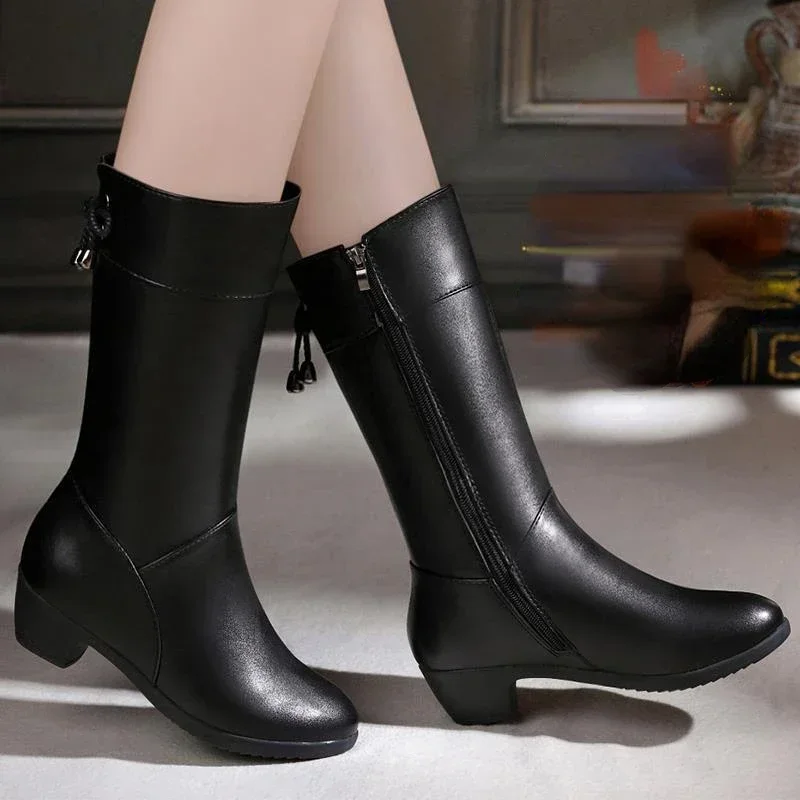 Winter boots women Mid Calf Boots Casual Pure Color Round Toe Zipper Square Heels women shoes Vintage Women Boots botas mujer