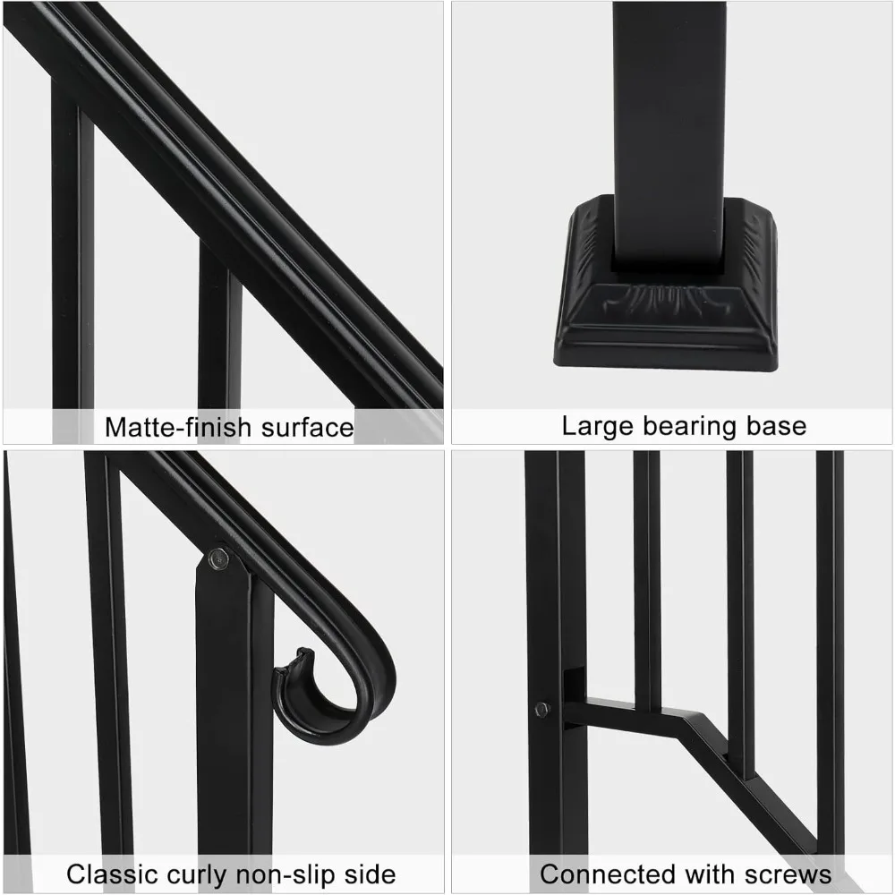 2 Pack 2 Step Handrails for Outdoor Steps, Wrought Iron Stair Railing Fits 1 or 2 Steps, Metal Hand Rail with Installation Kit