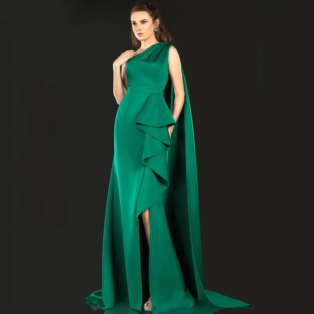 

Green Boat Neck Mermaid Evening Dress Sleeveless Floor Length Side Slit with Ruffles Women Banquet Customized Gowns for Wedding