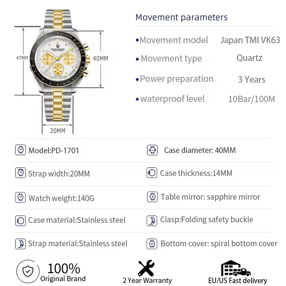 PAGANI DESIGN – montre Moon pour hommes, en or, de luxe, chronographe à Quartz, AR saphir, étanche, lumineuse, horloge, cadeau, nouvelle collection 2025