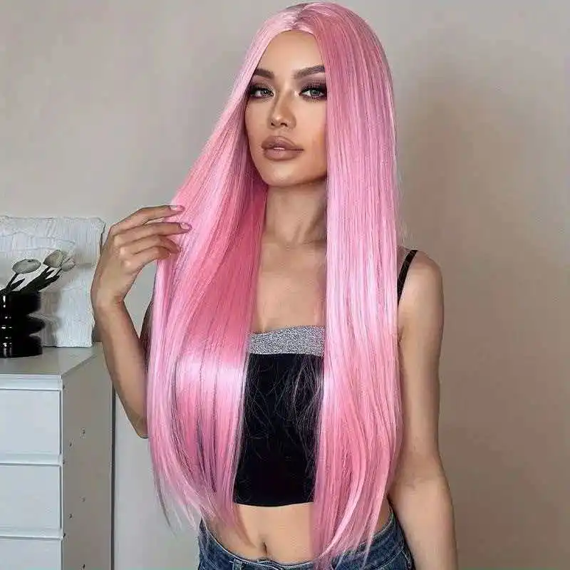 

JOVIA 26inch synthetic wig in pink gold long straight hair natural texture soft natural heat-resistant suitable for daily wear