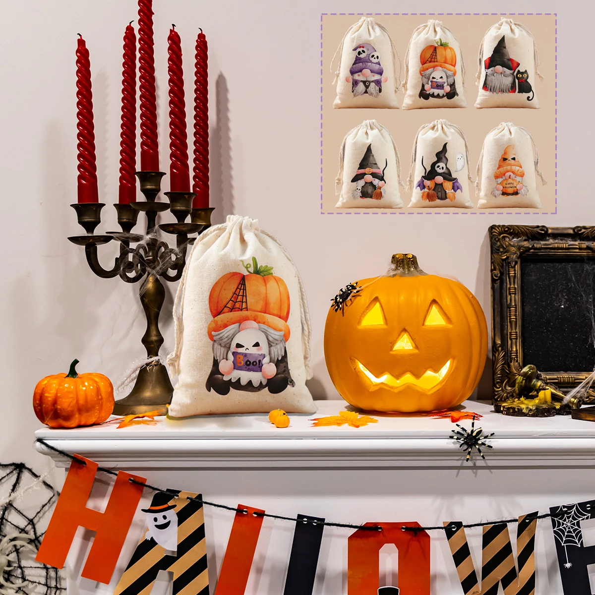 Bolsas de regalo de yute de arpillera para Halloween, bolsa con cordón para dulces, fantasma de calabaza, truco o trato, suministros de fiesta para niños, 2024