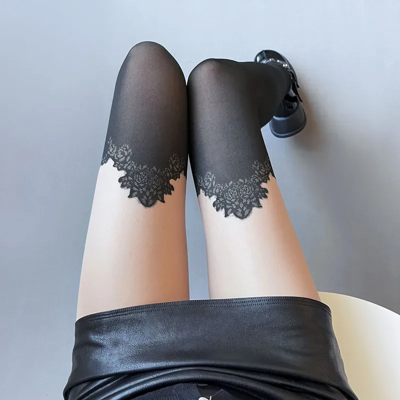 

Fashion Personality Stitching Women's Pantyhose Lolita Hottie Funny Fake Knee-High Stockings Sexy Lace Jacquard Nylon Tights