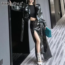 TWOTWINSTYLE PU Leather High Street Two Piece Sets For Women Lapel Long Sleeve Coat High Waist Split Skirt Slim Set Female Style