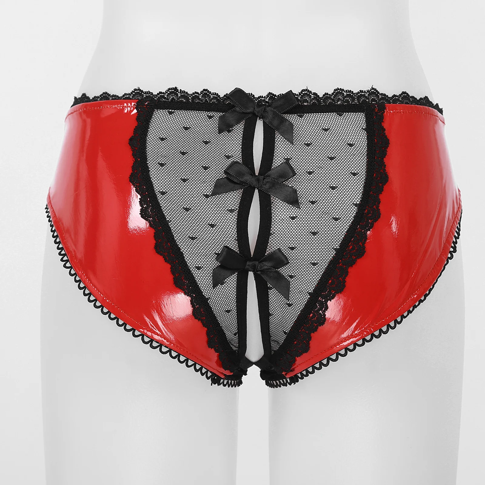 ملابس داخلية نسائية شفافة من الدانتيل مُزينة بقطع سفلية منفتحة ومتشعبة ملابس داخلية رفيعة من الجلد اللامع مع فيونكة بخصر منخفض #6
