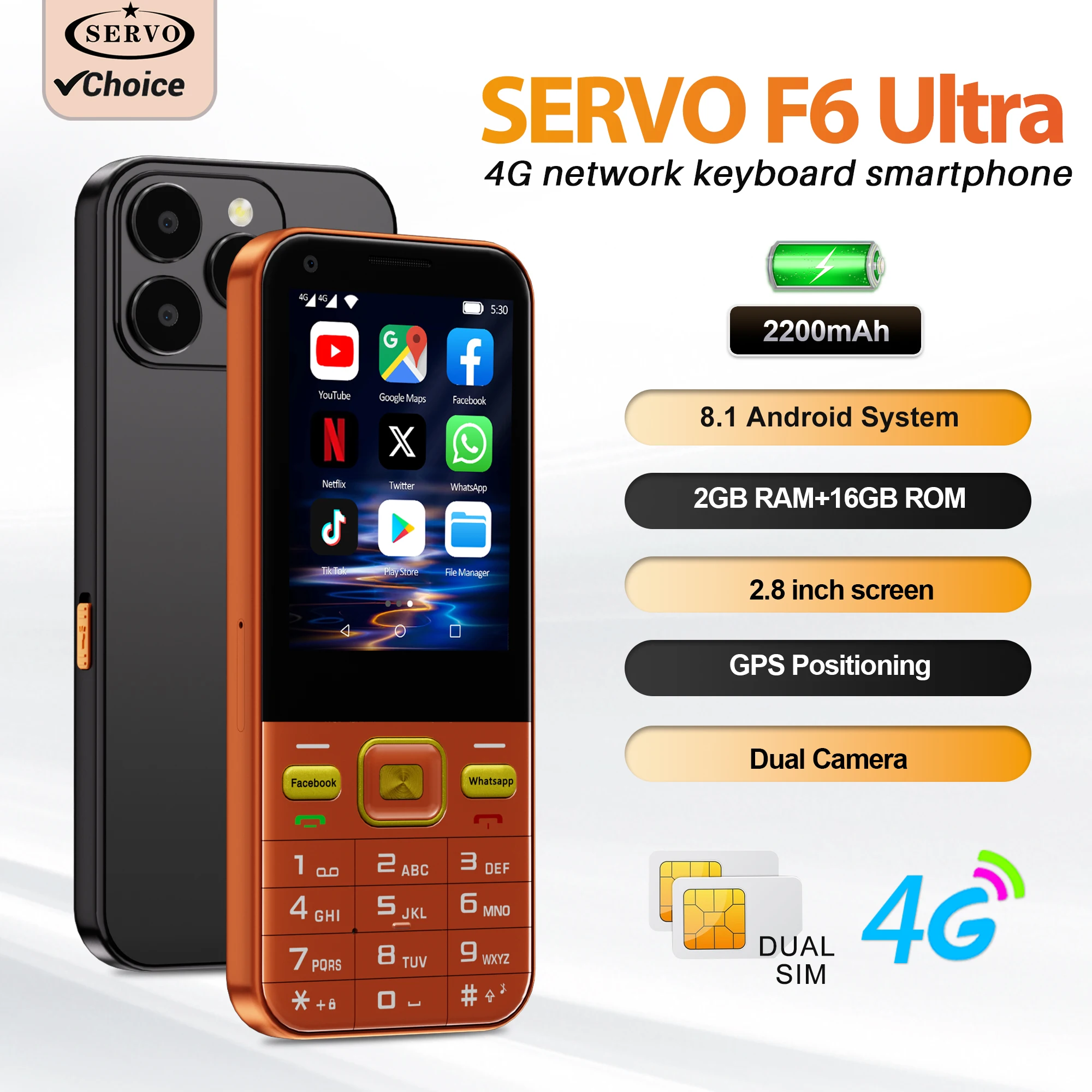 SERVO F6 Ultra 4G Button Smartphone Android OS 2.8