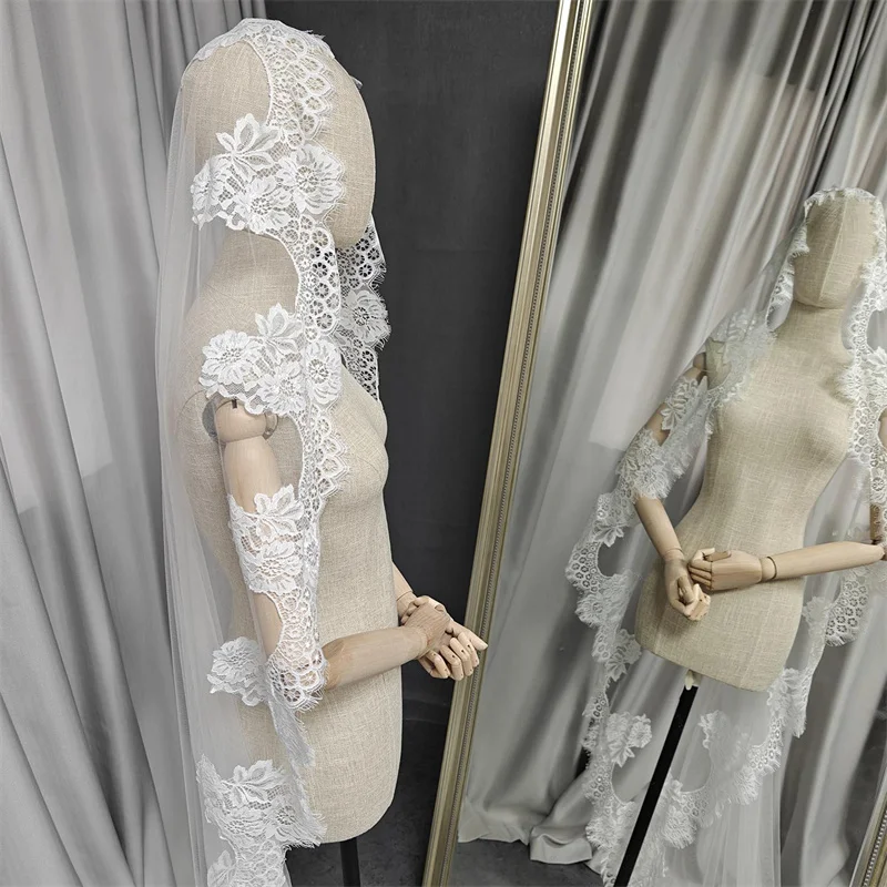 Customized Mantilla Veil with Eyelash Lace, 2m/2.5m/3m Single Tier Wedding Veil, Elegant Lace Ivory Bridal Veil with Hidden Comb