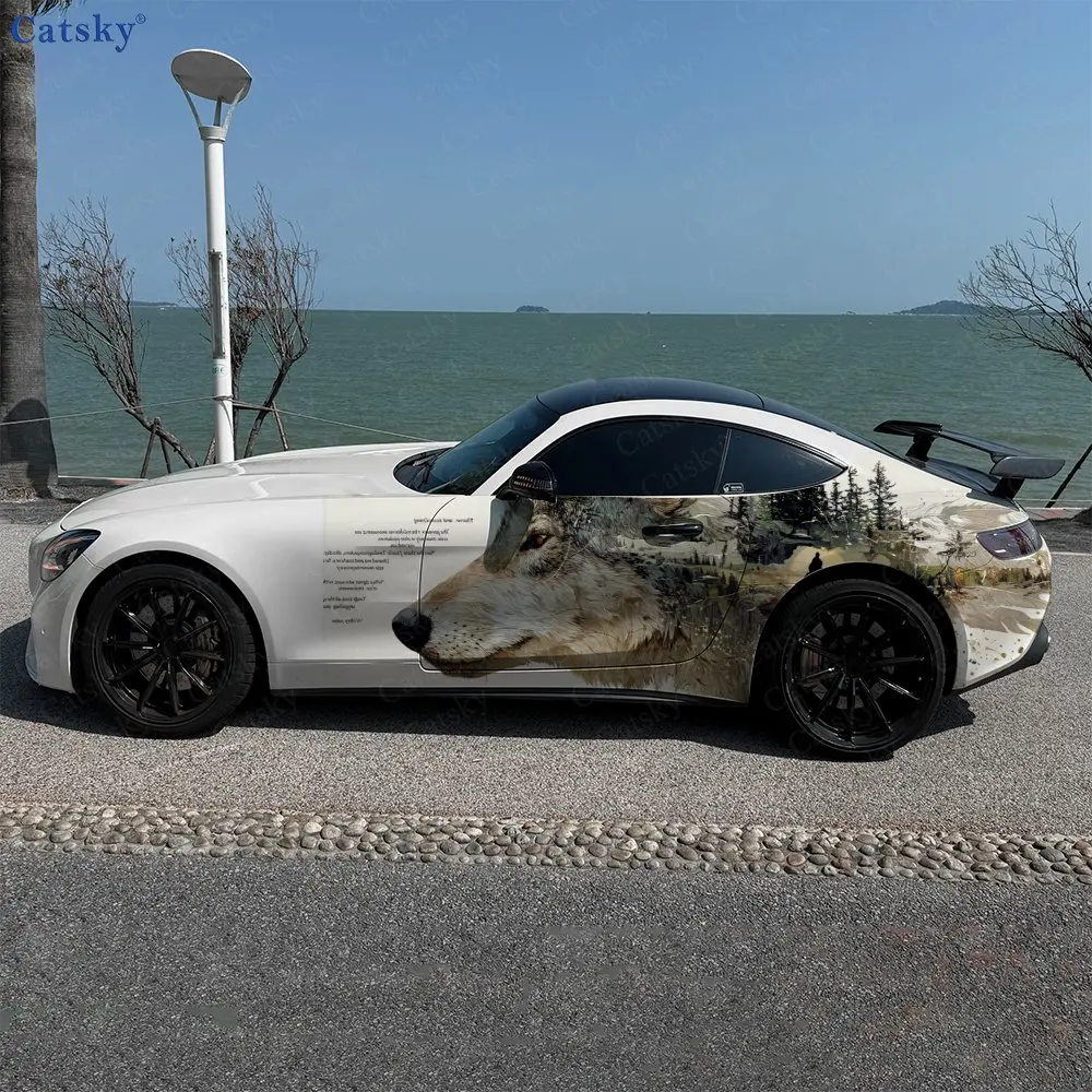 2pcs.Double Exposure Wolf Head Car Side Wraps, Self-Adhesive PVC Waterproof & Scratch-Resistant Stickers, Car Accessory Gift