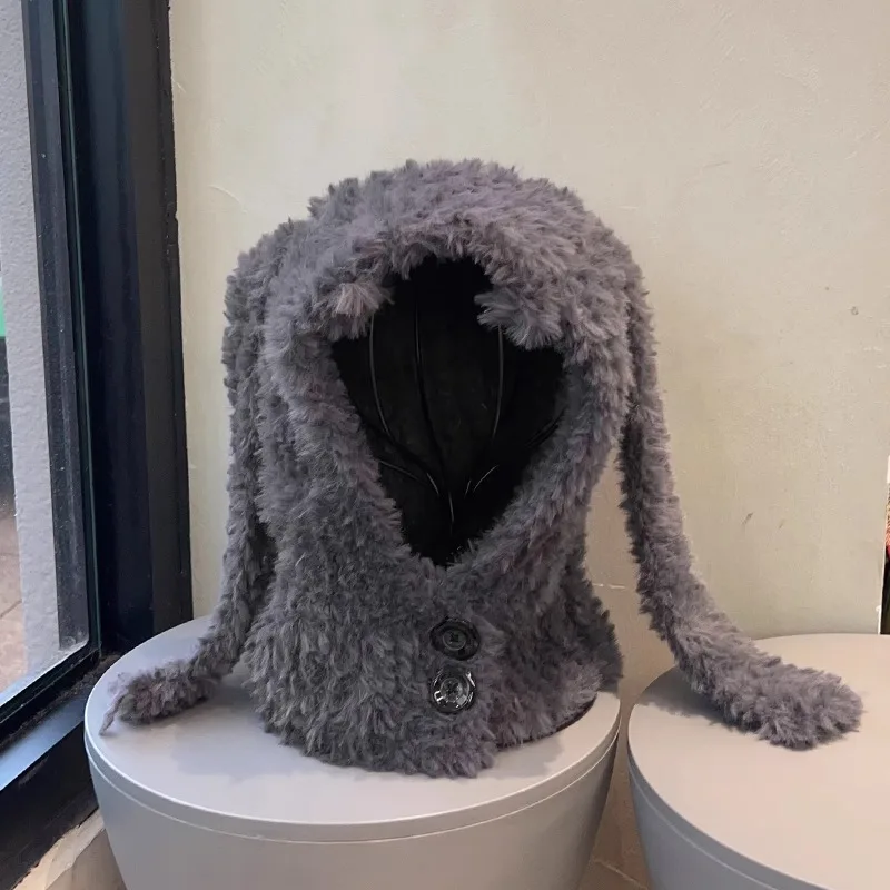 Ins Cute Plush Long Rabbit Ears Balaclava Hat Warm Neck Protection Scarf Integrated Ear Protection Winter Beanie Hats for Women