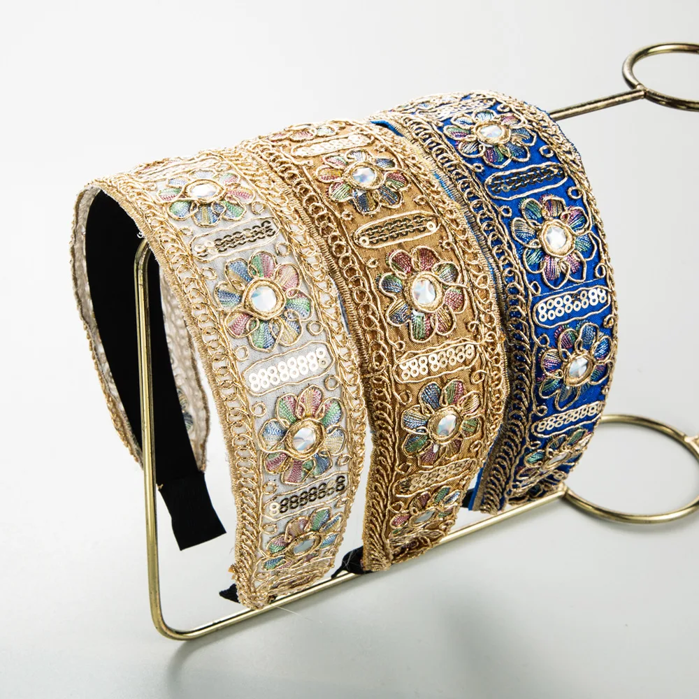 Women Vintage Floral Embroidery Padded Headband Wide Rhinestone Hair Hoop Bohemian Ethnic Hair Band Wedding Hair Accessories