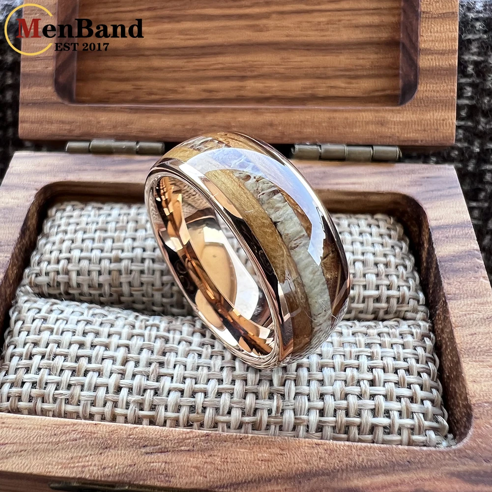 MenBand Fashion 8MM Men Women Tungsten Carbide Wedding Ring Whiskey Barrel Oak Wood And Deer Antler Inlay Dome Comfort Fit