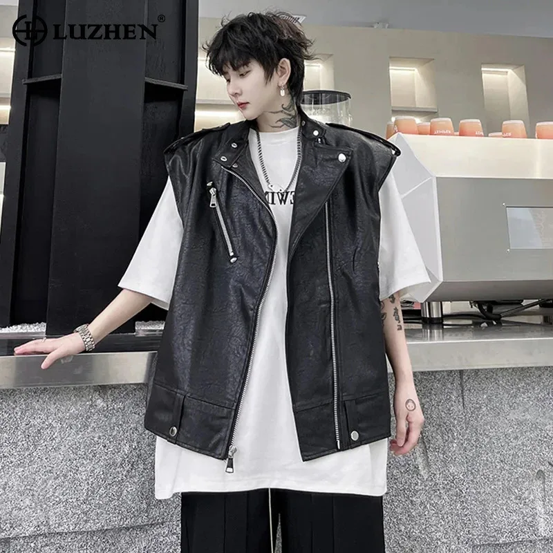 

LUZHEN Leather Sleeveless Fashion Original Zipper Vests Splicing Design Men Personality Trendy Versatile Street Waistcoat JY2546