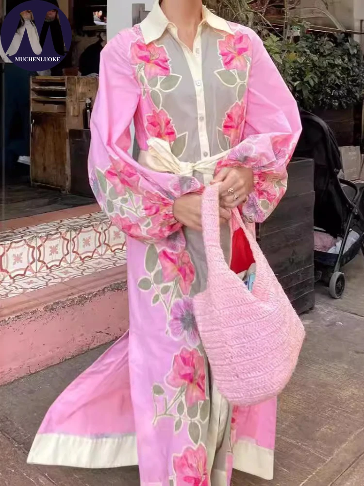 

Elegant Womens Dresses 2025 Summer New Printed Long Sleeved Lapel Lace Up Dresses Fashionable Casual Loose Women's Dress