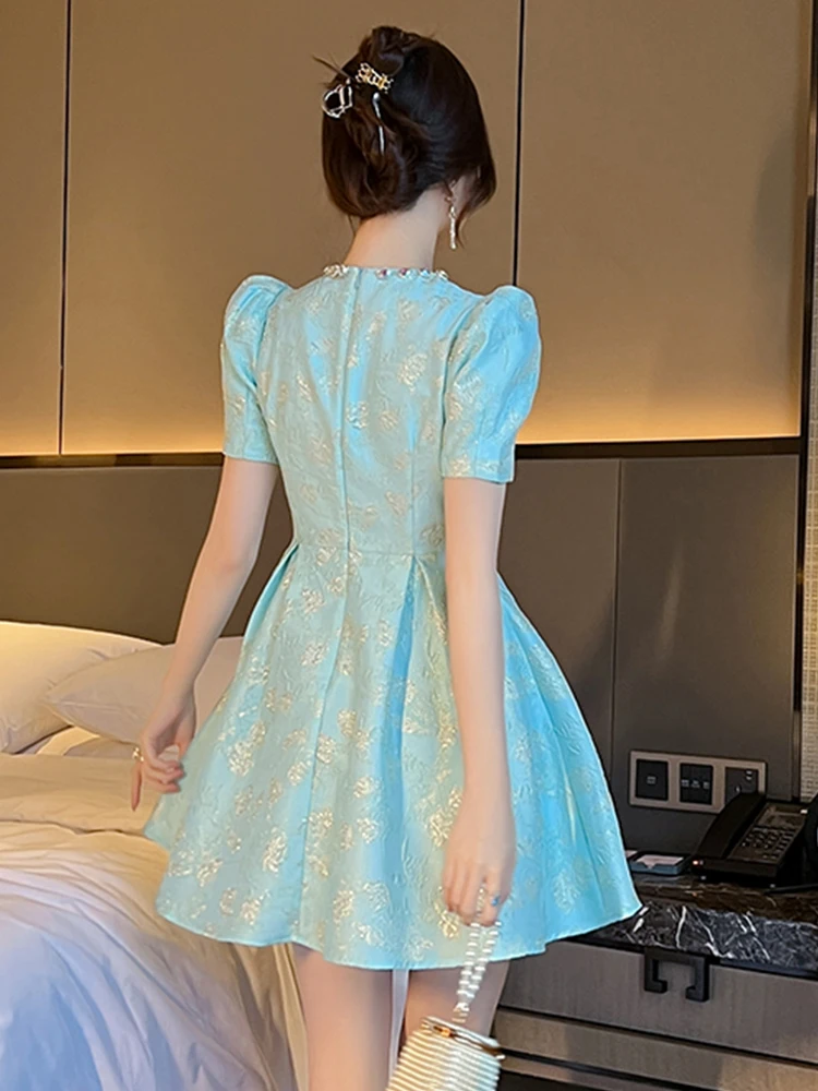 Elegant Luxury Sweet Jacquard Floral Gown Evening Dress Women Clothes Retro Puff Sleeve Corset Short A-Line Party Prom Vestidos