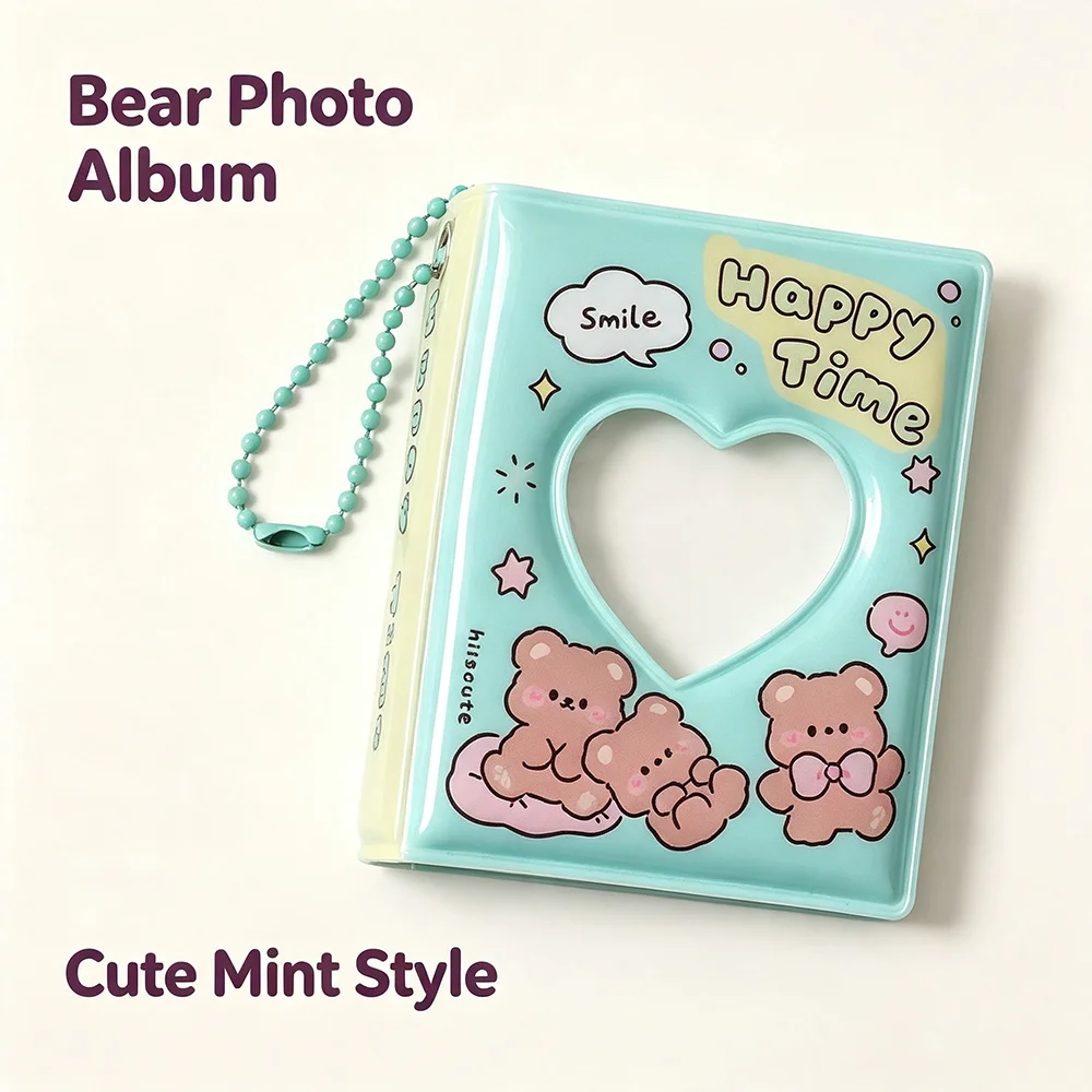 Mini Heart Photo Album 2 Inch Photocard Holder Cute Cartoon Pocket Album Portable ID Card Storage Book Keychain Collectible Book