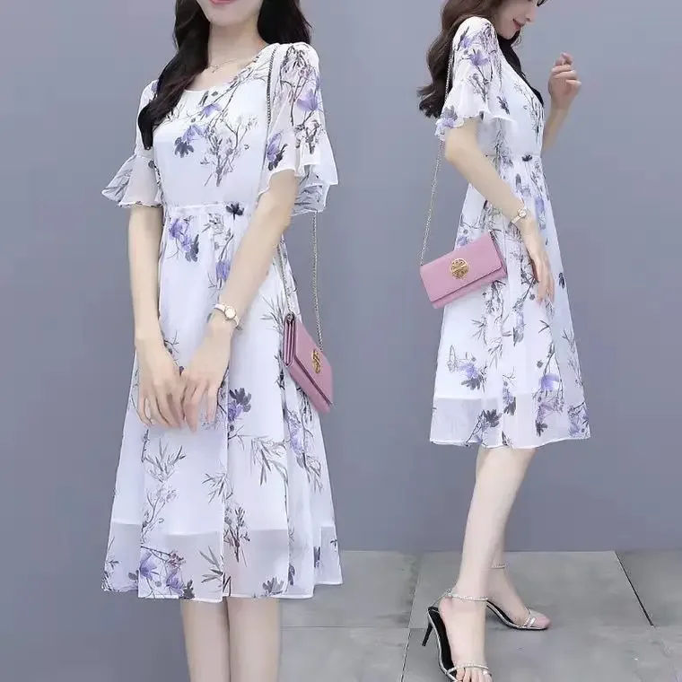 Chiffon Lining Dress Summer Floral Ladies Waist-hugging New Short-sleeved A-line Skirt ZT442