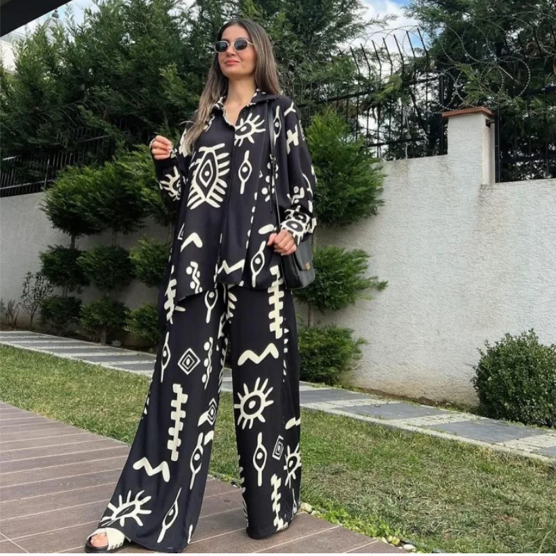 Fashionable Print Loose Casual Top High Waist Wide Leg Pants Two Piece Set Best Seller Women's Clothing