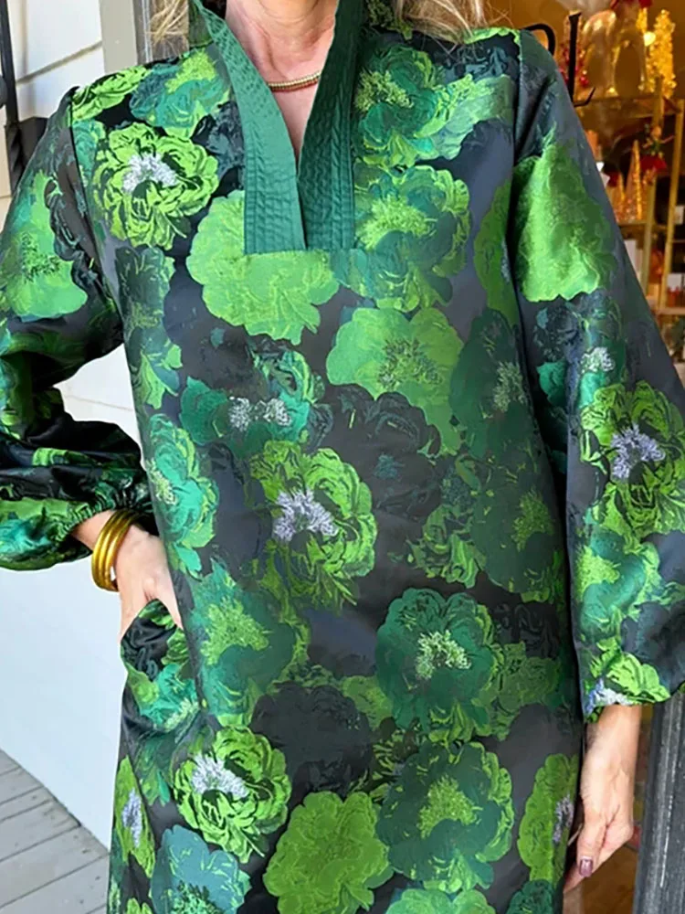 Cómodo vestido suelto de manga larga con cuello levantado para primavera y verano, nuevo estilo, elegante vestido jacquard para mujer