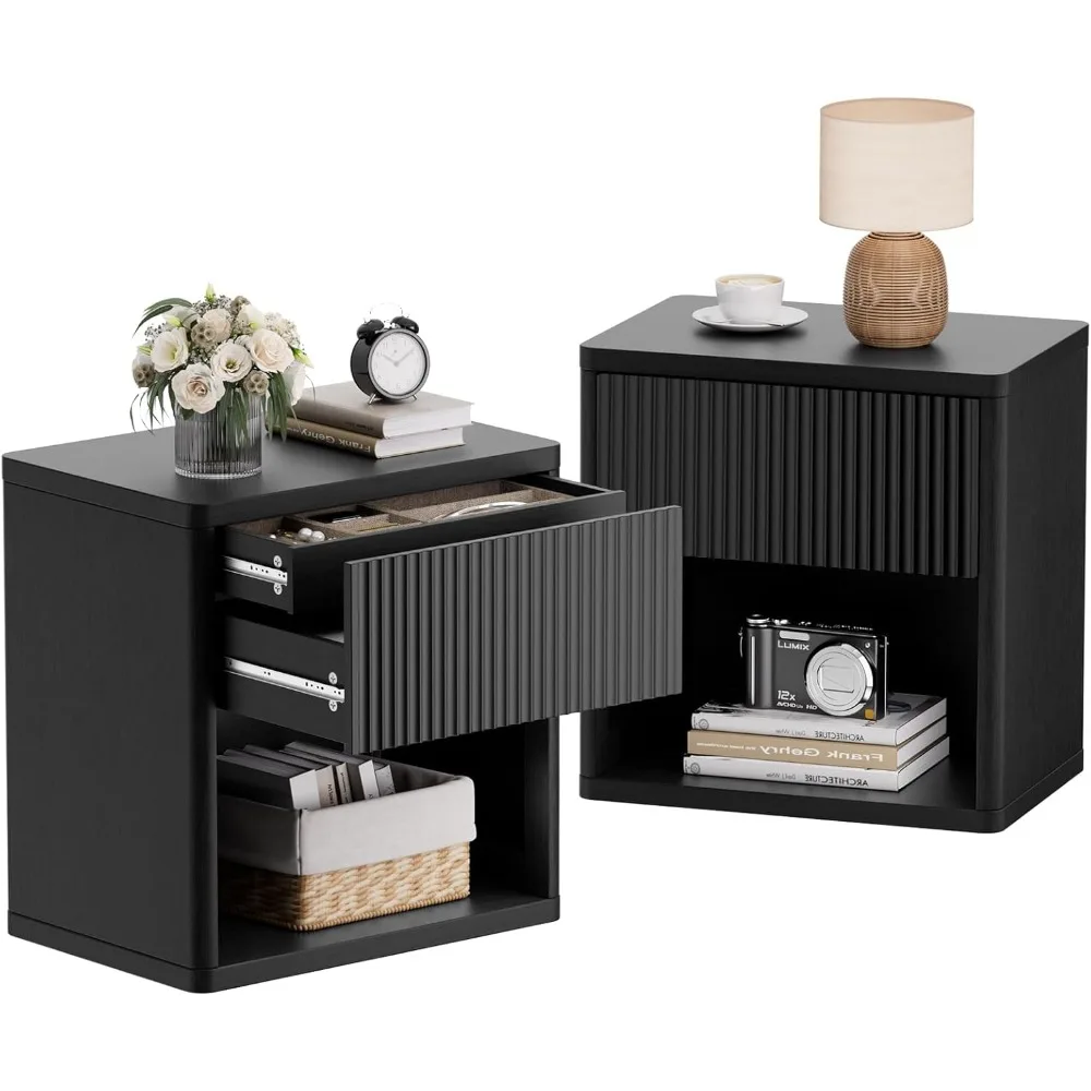 

22.8" W Black Nightstand Set of 2 with Hidden Drawers and Open Shelves, Mid Century Modern Nightstand Curved Profile, Lar