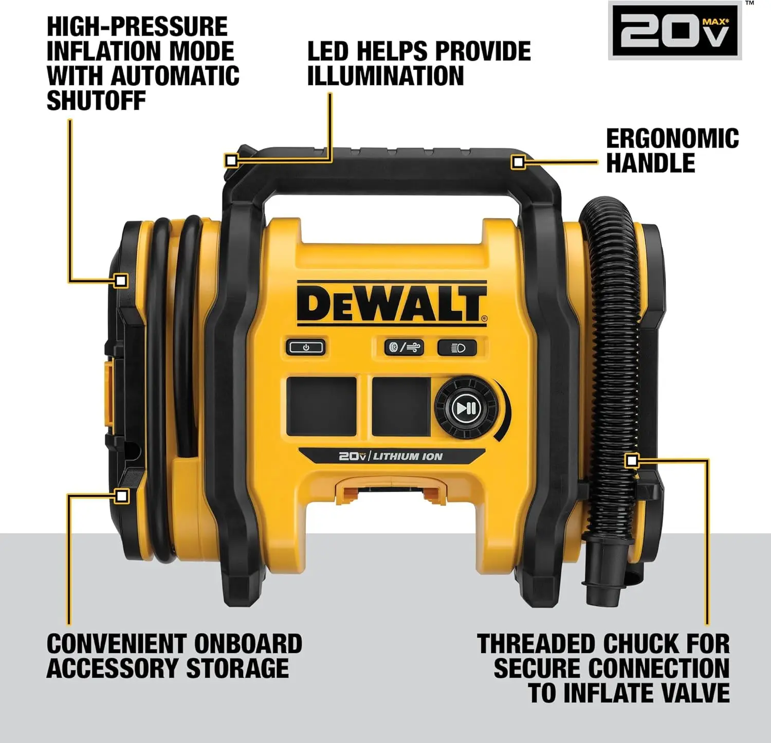 Inflador de Ar DEWALT 20V MAX DCC020IB, Bomba de Pneus Sem Fio 3 em 1 com Desligamento Automático de Alta Pressão