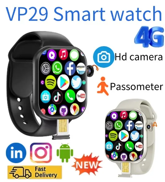 

Современные умные часы VP29, 4G, полная сеть, Android, 2,29 дюйма, вращающаяся камера, SIM-карта, GPS, Wi-Fi, NFC, система здоровья Google Play