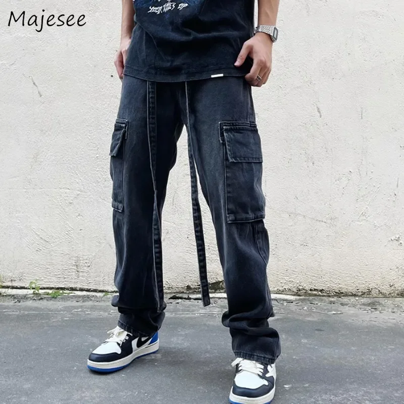 

Vintage Jeans for Men Techwear Pockets Belt Fashion Hip Hop Cargo Jean Wide Leg Trousers Straight All-match Streetwear Chic