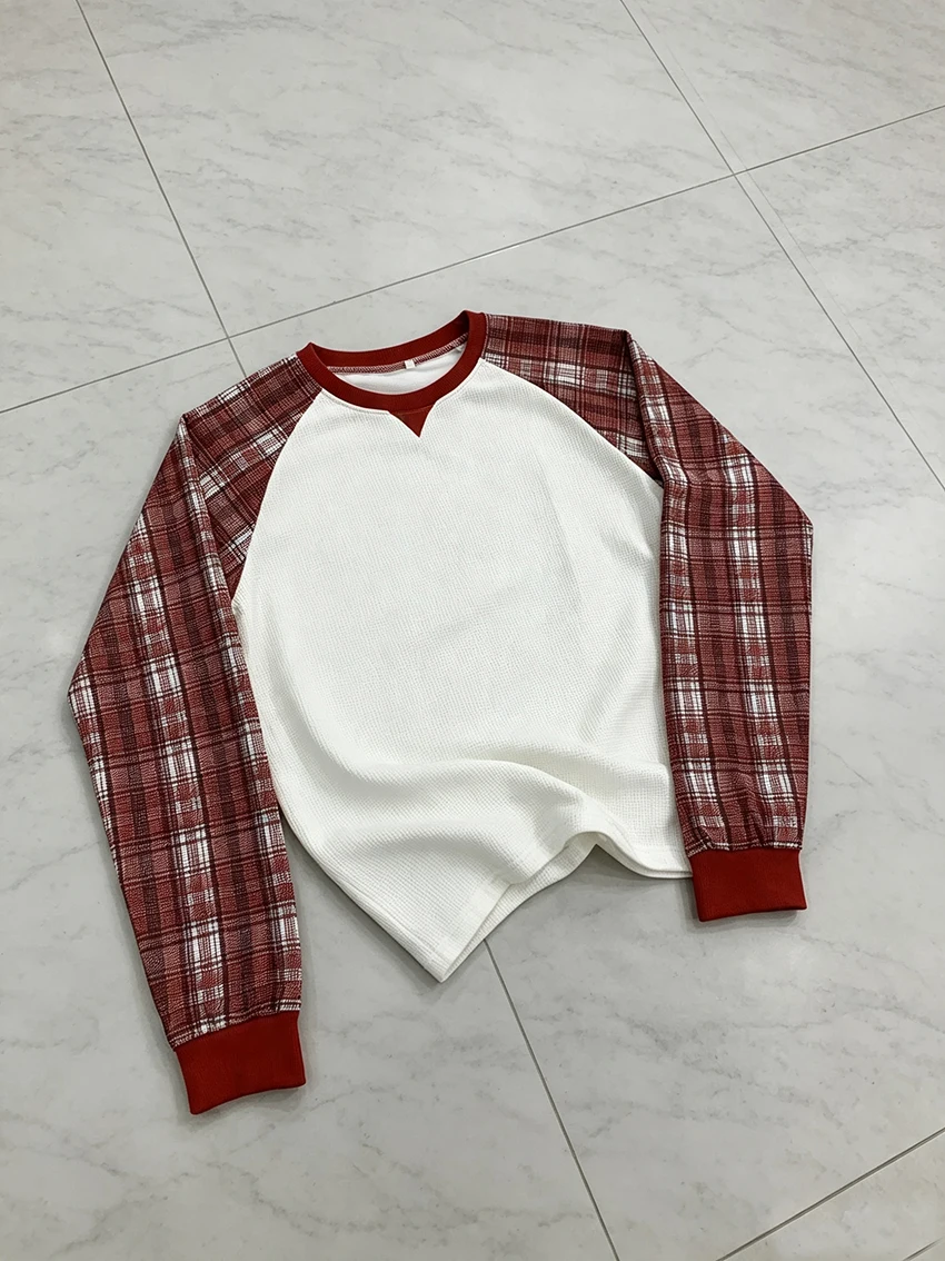 Grunge-Punk-Ästhetik Damen Karo-Patchwork Langarm-Oberteil Waffelstrick Raglan Rundhals Locker Vintage Alltags-Casual-Streetwear-T-Shirt