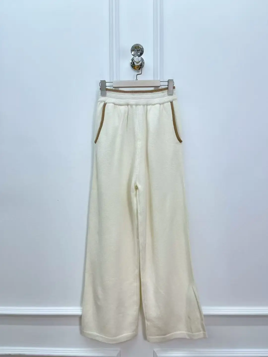 

Женские осенне-зимние новые брюки из 100% кашемира с контрастной эластичной резинкой на талии, повседневные прямые трикотажные брюки