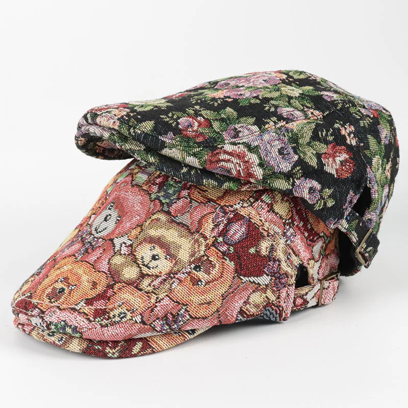 

New Autumn Beret Women 2025 Peaky Blinders Winter Vintage Cartoon Cute Bear Floral Print Ivy Hat Flat Cap Hip Hop Newsboy Caps