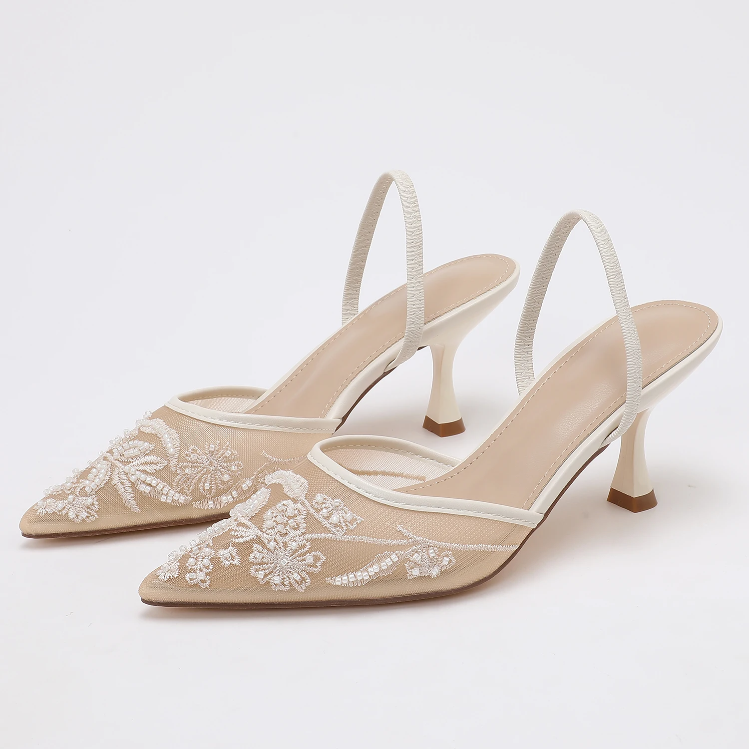 Mules élégantes à talons de 8 cm en dentelle perlée et maille, à bout pointu, pour femme, idéales pour mariage, cérémonie ou cocktail