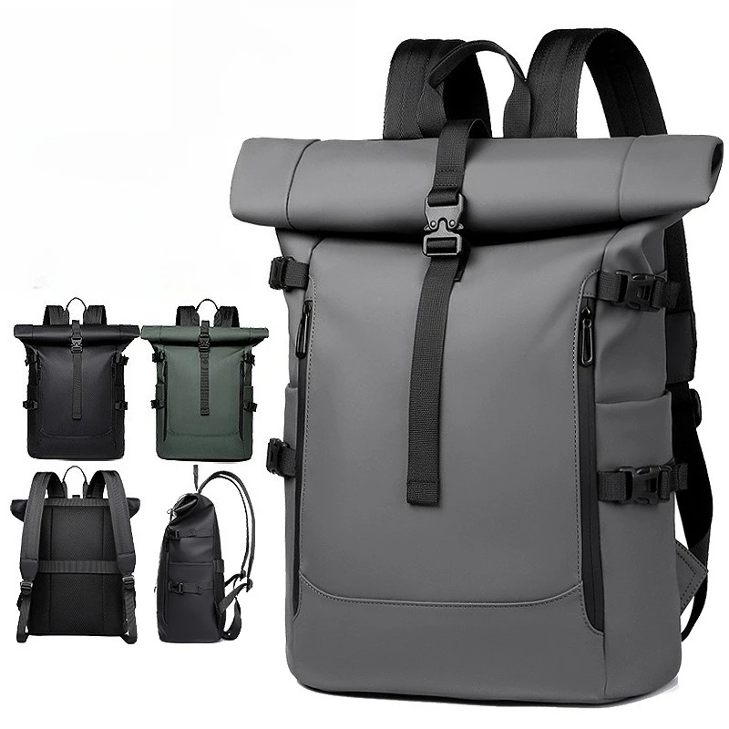 

PU leather rolled-up expansion backpack, large-capacity snap-on waterproof travel computer backpack