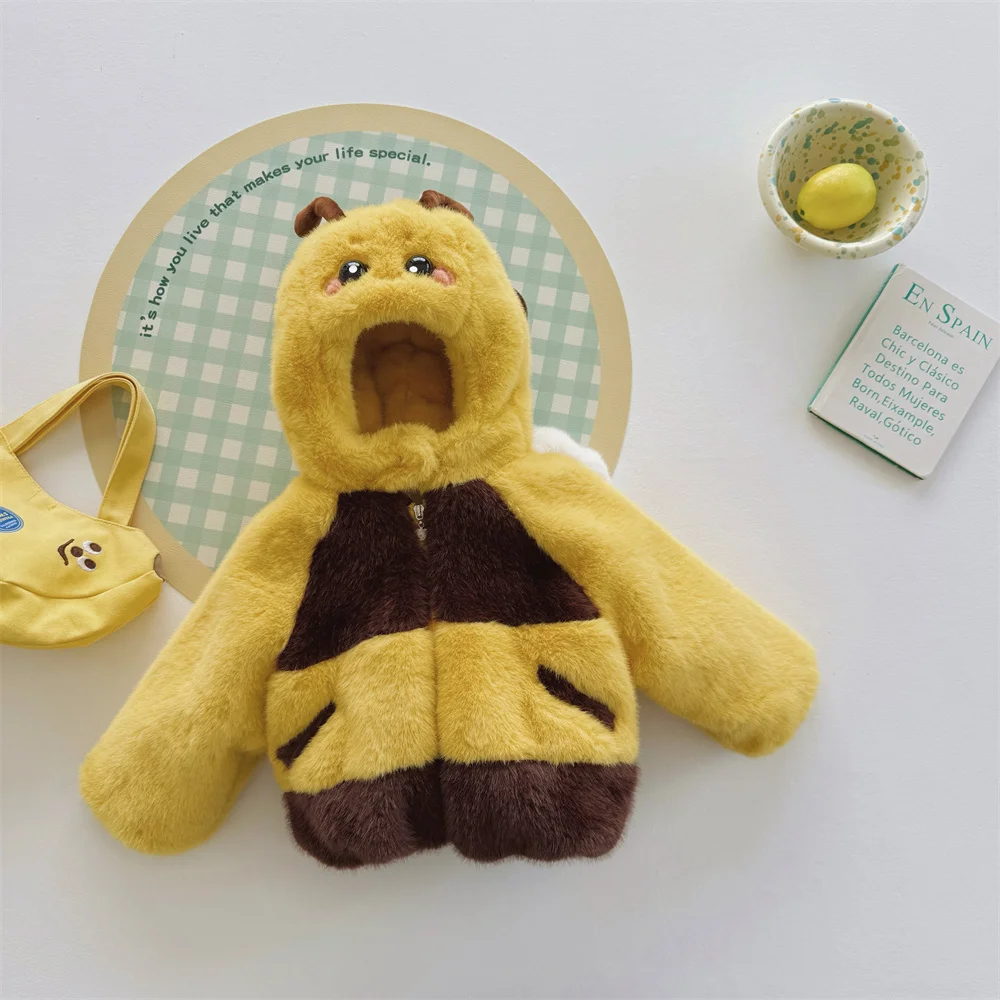 

Family's High-End Jacket Kids Clothes Thick Small Bee Fur Parent Child Floral Spring Design Winter Coat Boy Girl