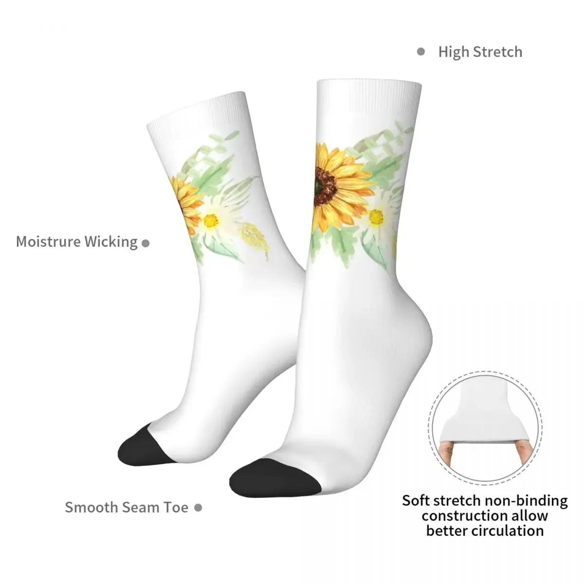 Sunflowers And Daisies Watercolor Art Pattern Beige Socks Harajuku Sweat Absorbing Stockings All Season Long Socks Accessories