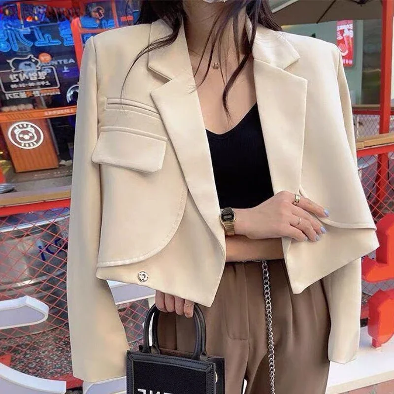 Crop Blazers Women Loose Solid Temper Hidden Breasted Office Lady Casual Ulzzang Elegant Outwear Fashion Streetwear Aesthetic