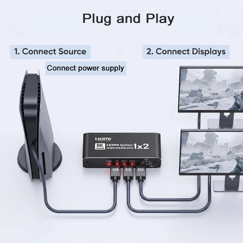 8K HDMI Splitter 1 in 2 Out 4K@120Hz 1080P@240Hz HDMI2.1 Adapter Converter 1x2 Splitter for PS5 Laptop PC TV Monitor Projector