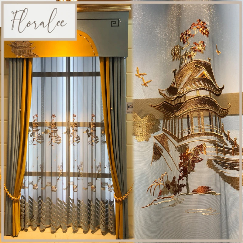 New Chinese Classical Architecture Embroidered Window Screen Velvet Splicing Thickened Curtains For Living Room Bedroom French