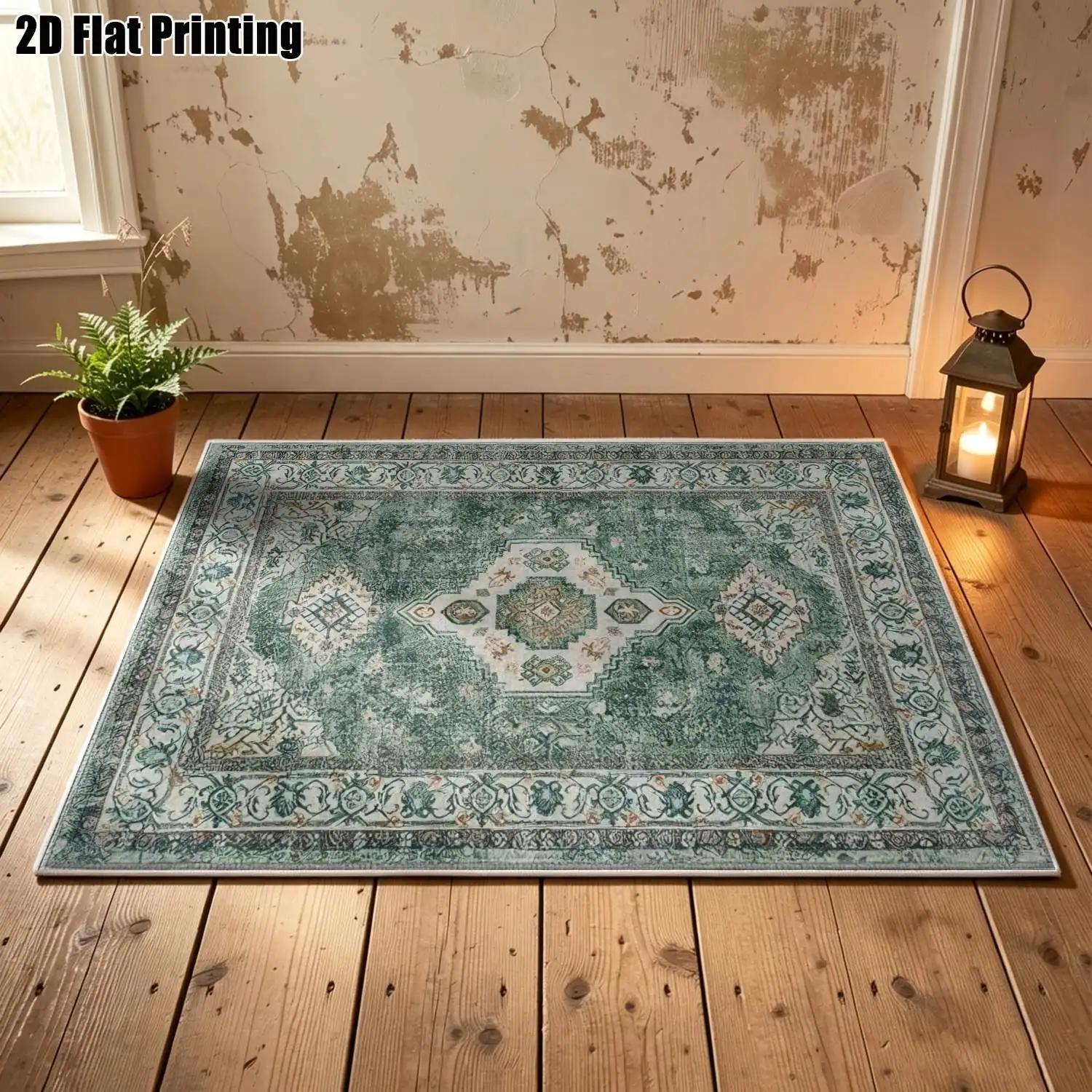 1Pc 2D Printed Retro Green Geometric Carpet, European/Bohemian/Vintage Home Decor Rug, Multi-Size, Machine Washable, for Entryway, Dining Room, Bedroom, Living Room