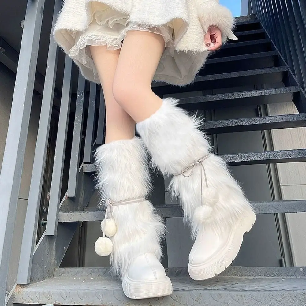 

Fashion Knitted Winter Leg Warmers Plush Ball Y2K Furry Leg Warmers Foot Cover Kawaii Long Stockings Spicy Girls