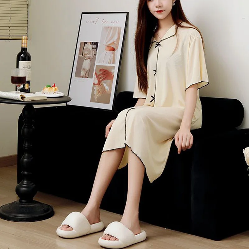 Women\'s Clothing Summer New Ice Silk Nightgown Homewear Loose Short-Sleeved Pajamas Cardigan Comfortable Leisure Long Dresses