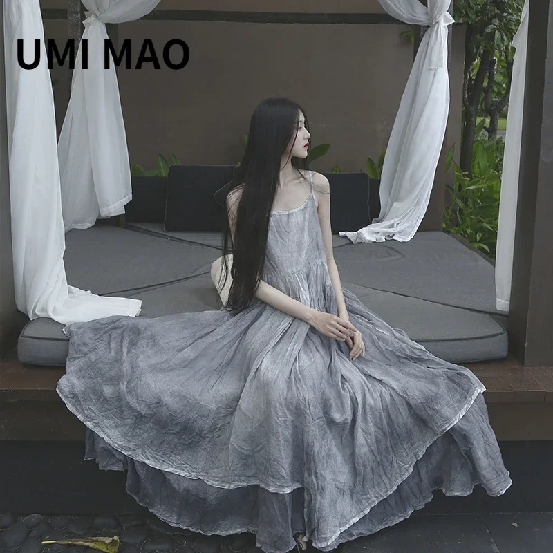 UMI MAO Yamamoto Chinese Style Spring Summer Beach Irregular Double-layer Large Swing Tie-dye Suspender Long Dress Female Y2K