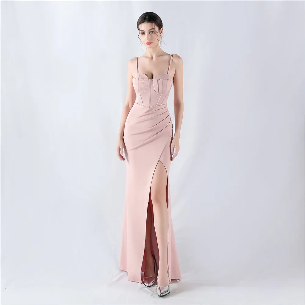 Sladuo Women Elegant V Neck Formal Maxi Dresses Lace Backless Cocktail Party Dress Spaghetti Straps Mermaid Evening Gown