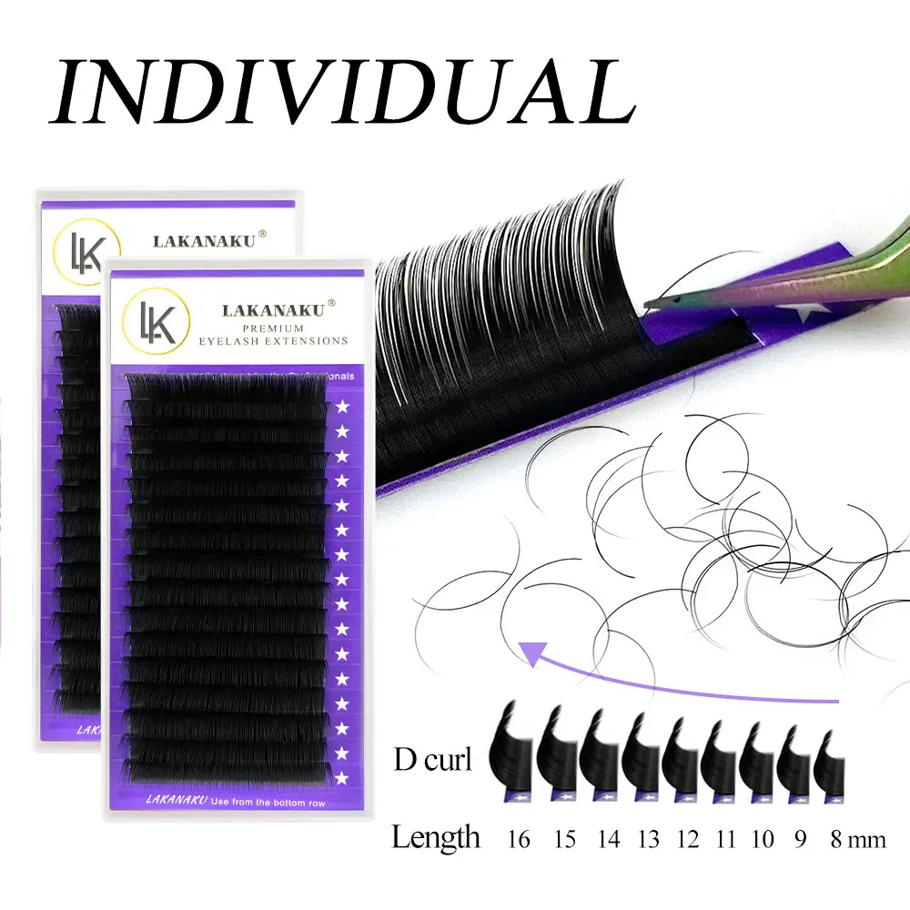 LAKANAKU 16Rows Faux Lashes Individual Eyelashes Extensions Lashes Dark Black Matte for Professionals Soft Natural Eyelash