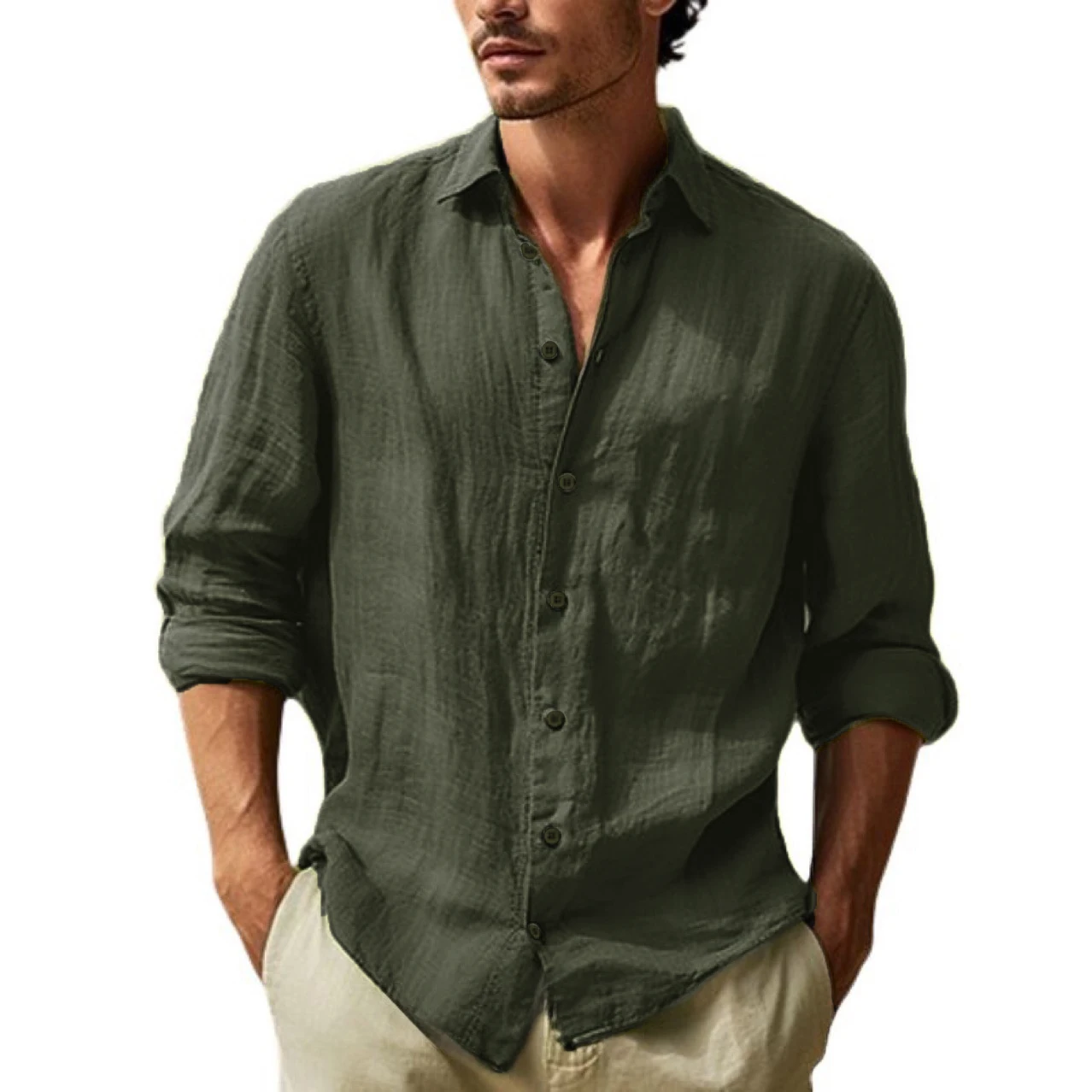 Four Season Men's Casual Solid Color Long Sleeved Pure Cotton Shirt for European and American Foreign Trade Men's Clothing